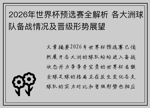 2026年世界杯预选赛全解析 各大洲球队备战情况及晋级形势展望