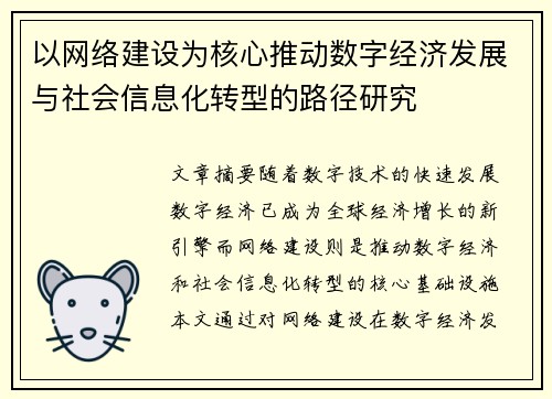以网络建设为核心推动数字经济发展与社会信息化转型的路径研究