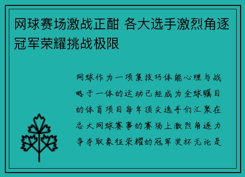 网球赛场激战正酣 各大选手激烈角逐冠军荣耀挑战极限