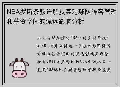 NBA罗斯条款详解及其对球队阵容管理和薪资空间的深远影响分析